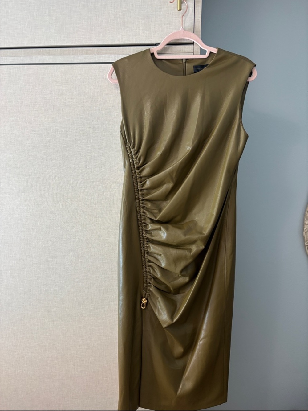 NWT Donna Karan New York Olive Green Faux-Leather side Ruched Midi Dress size 8 - Picture 4 of 7